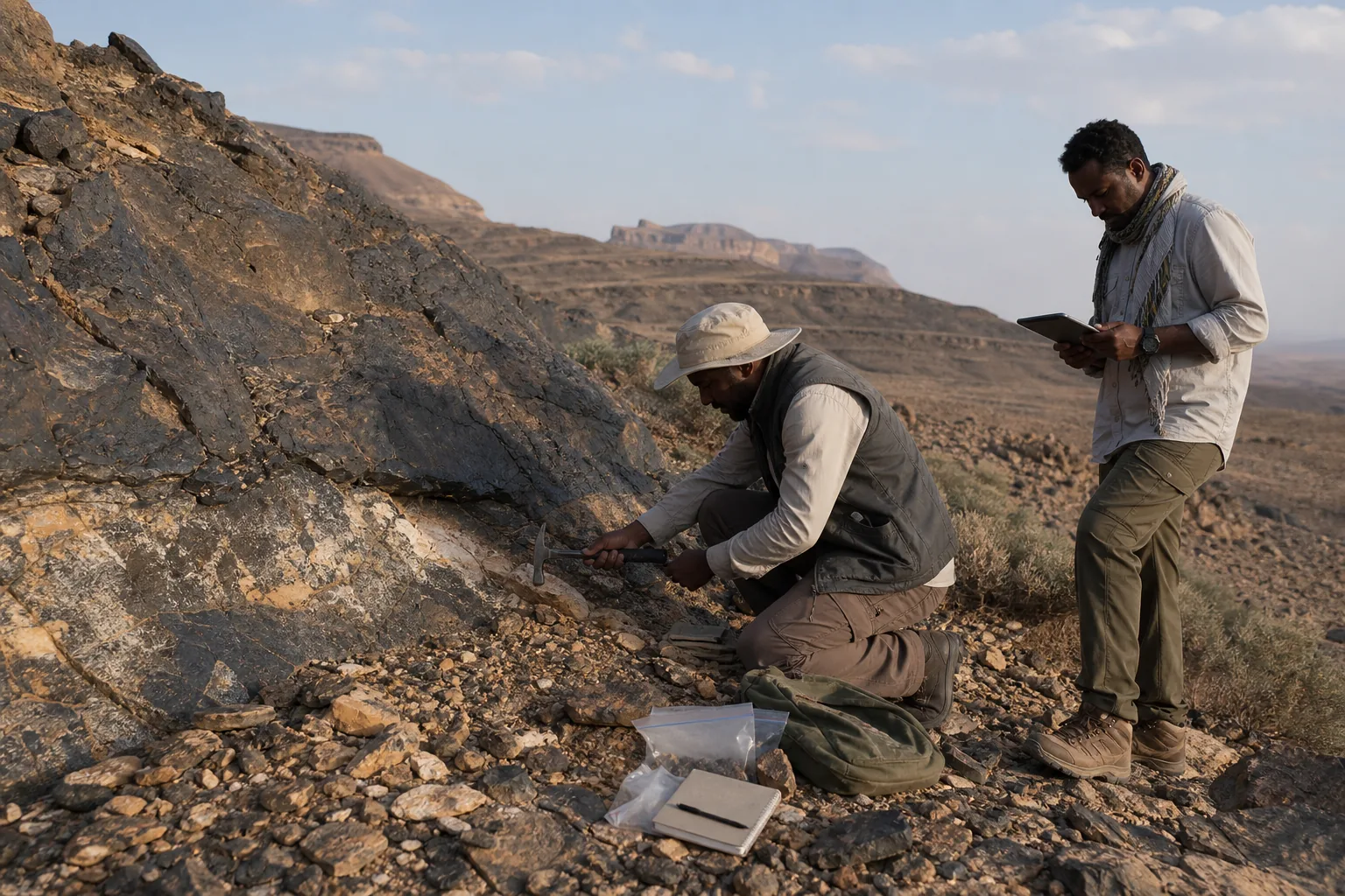 Bile Mining field team examining a rock outcrop in Somaliland